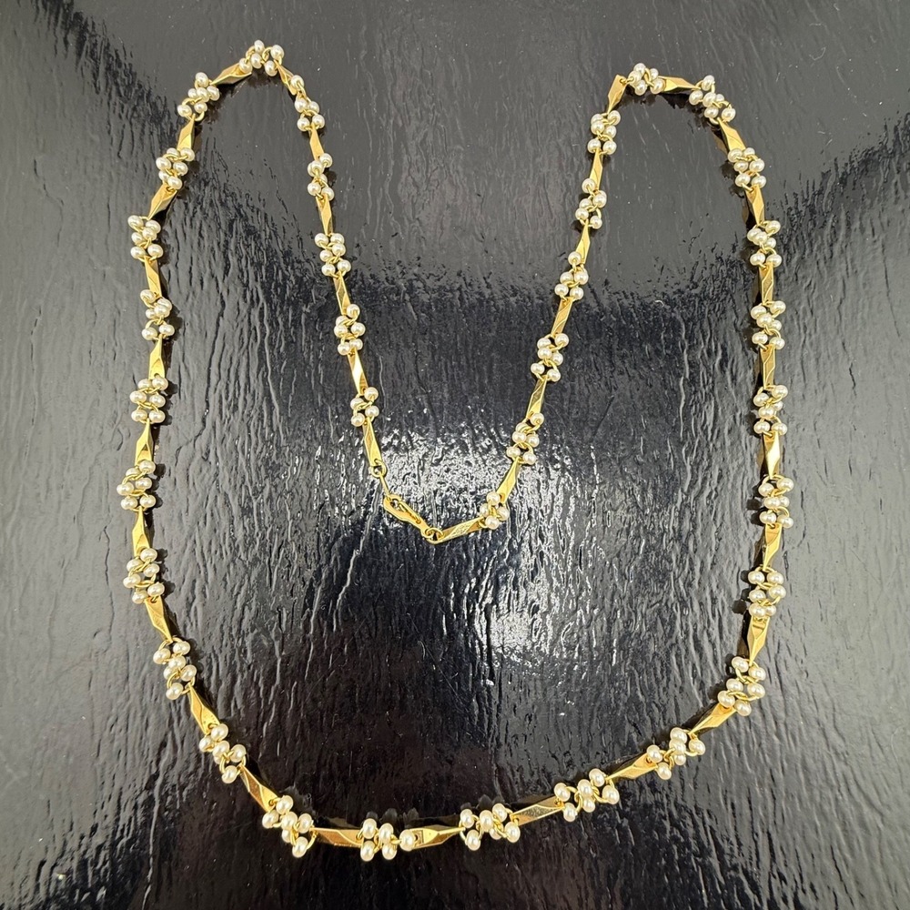 Vintage Estate Necklace Gold Tone Beaded Faux Pearl Accent 28in